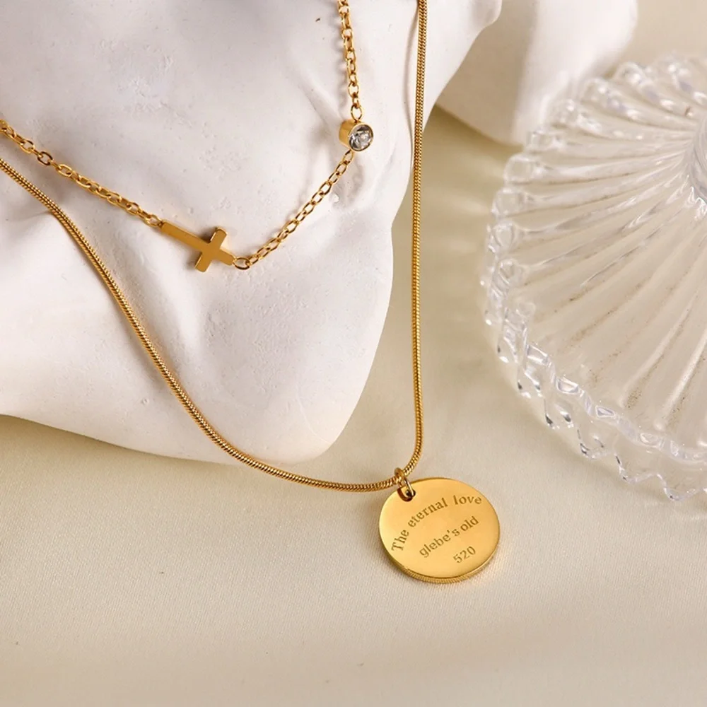 18K Gold Plated Double Layered Necklace*Stackable Cross Necklace*Round PendantLW - Picture 3 of 8